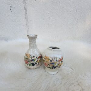 2 Vintage Japanese crackle mini vase peacock  floral